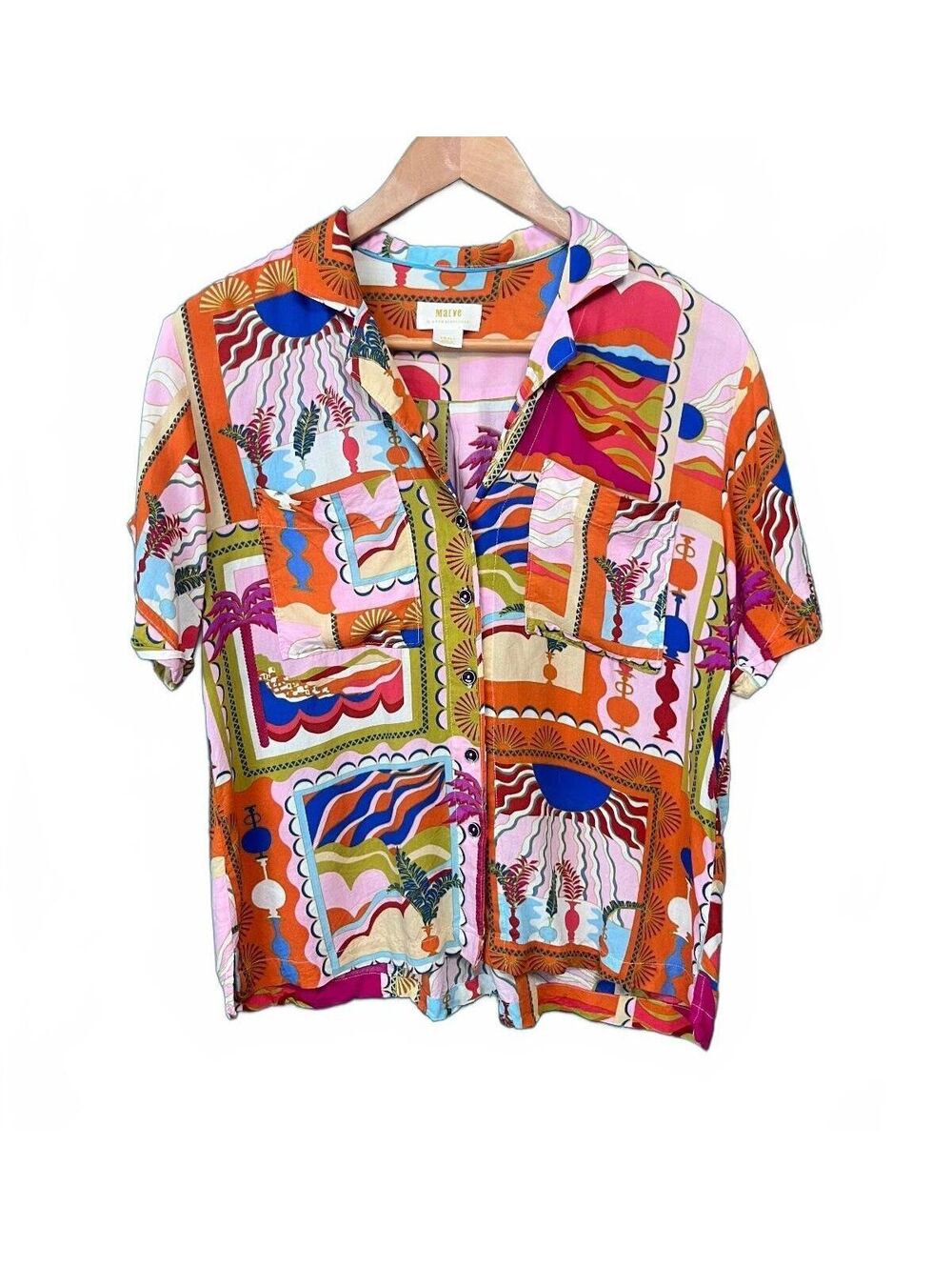Maeve Anthropologie Bon Voyage Postcard Print Shirt S Colorful Retro Camp Top